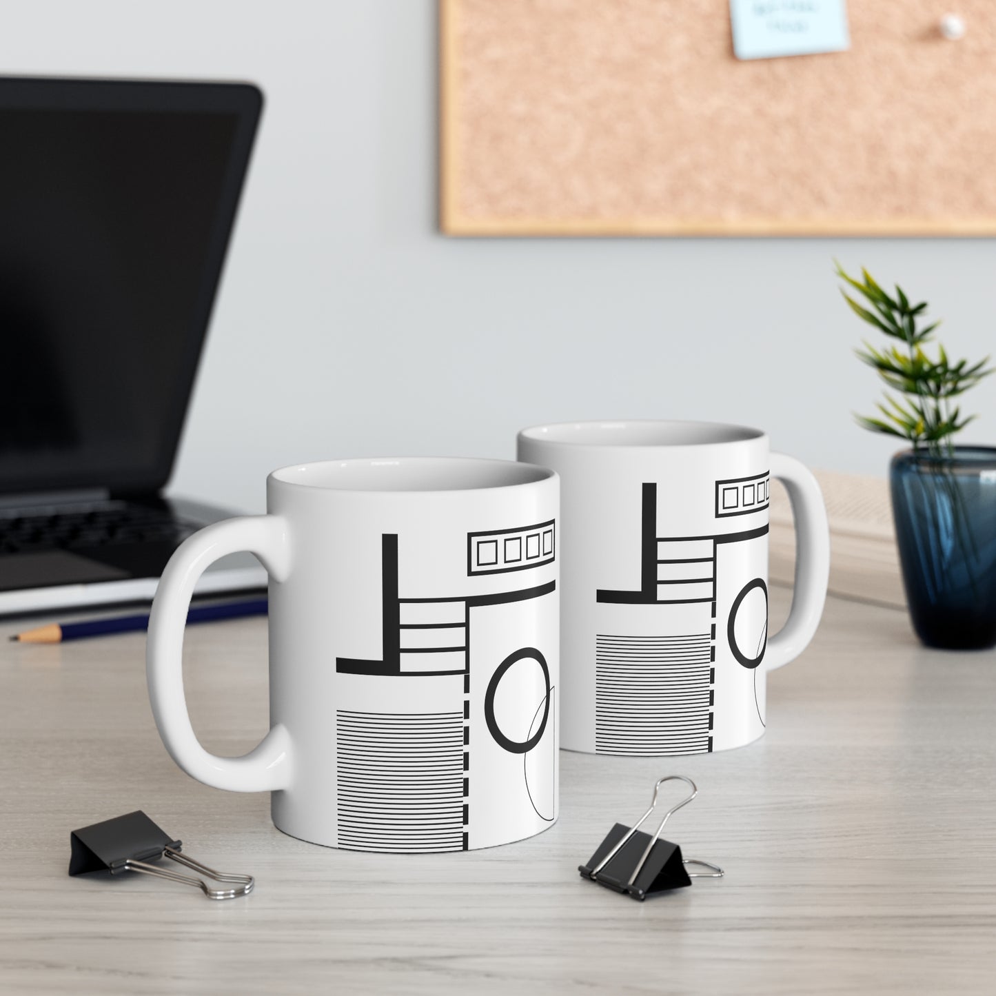 Geometric Minimalist Mug | 11oz Ceramic Coffee Mug | Black & White Square Grid Abstract Design