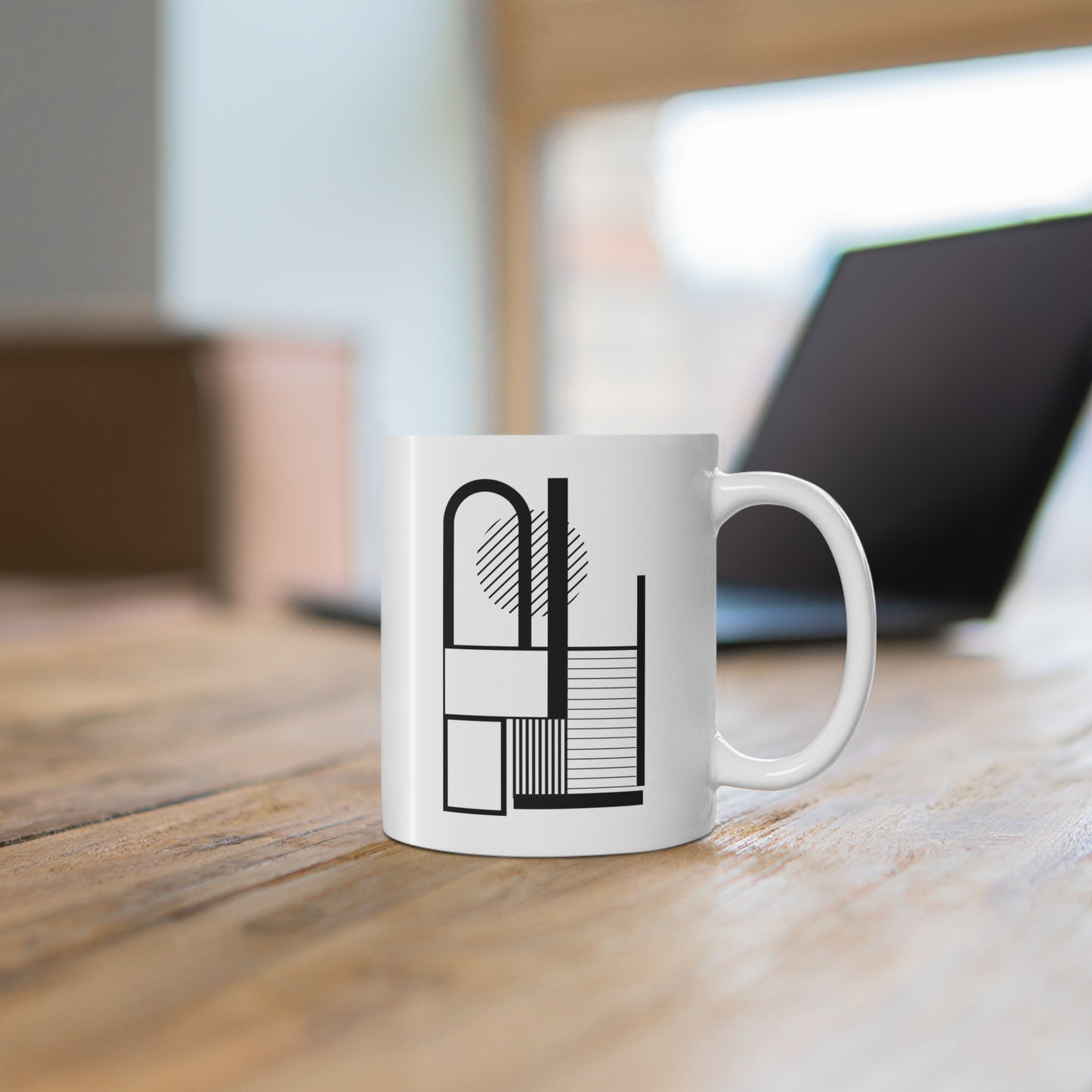Modern Stripe & Stack Mug | 11oz Ceramic Coffee Mug | Black & White Minimalist Abstract Design