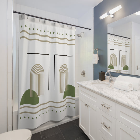 Arched Earth Modern Shower Curtain – Sage Green & Sand on Black