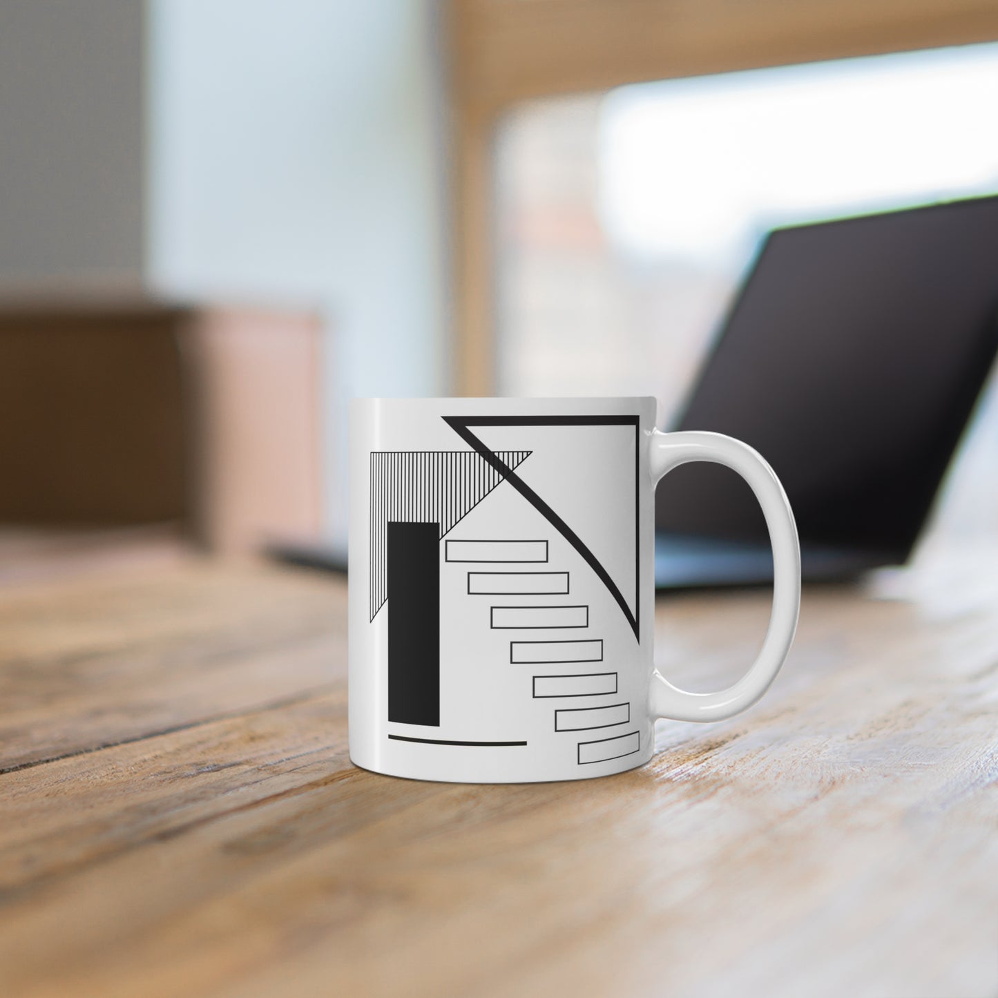 Architectural Abstract Mug | 11oz Ceramic Coffee Mug | Black & White Modern Staircase Design