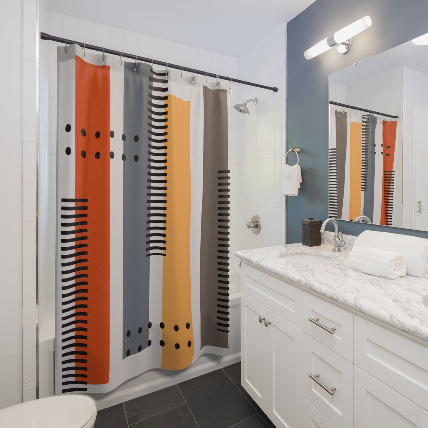 Mid-Century Modern Striped Shower Curtain | Retro Vertical Geometric Art