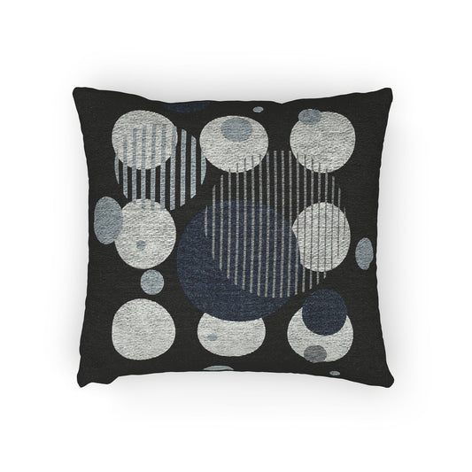 Orbital Layers Throw Pillow – Blue, Gray & White Circles with Striped Accents