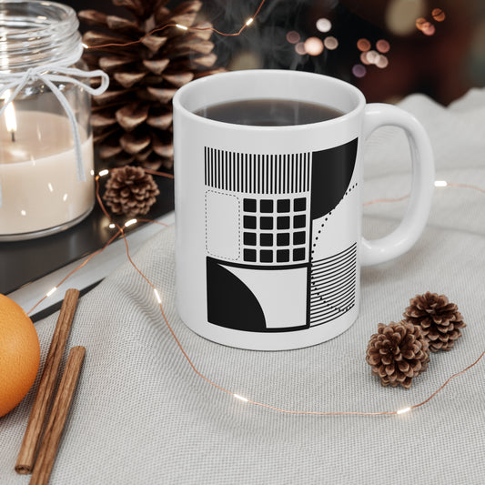 Architectural Line Stack Mug | 11oz Ceramic Coffee Mug | Minimalist Black & White Abstract Design