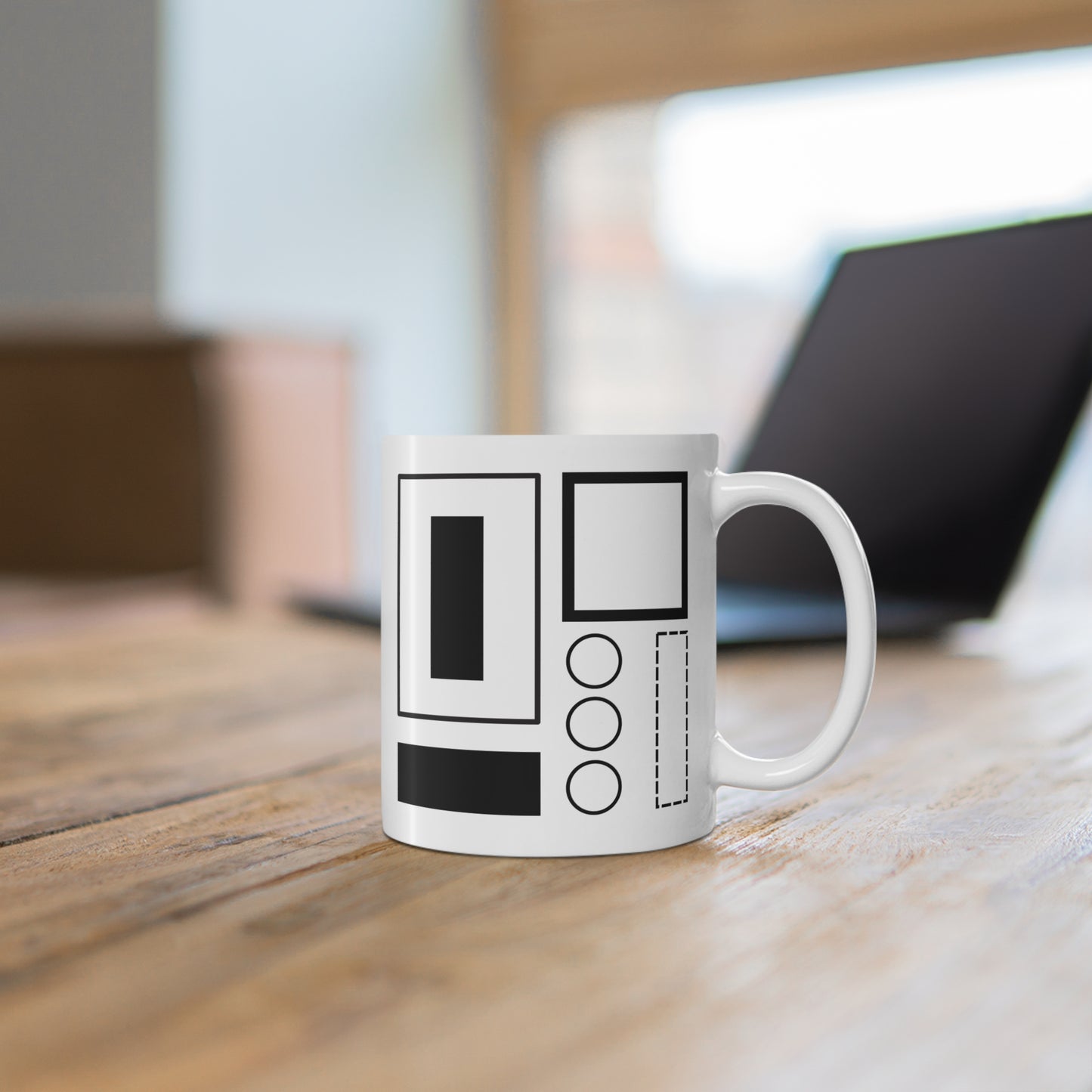 Modern Minimalist Mug | 11oz Ceramic Coffee Mug | Black & White Abstract Rectangle Design