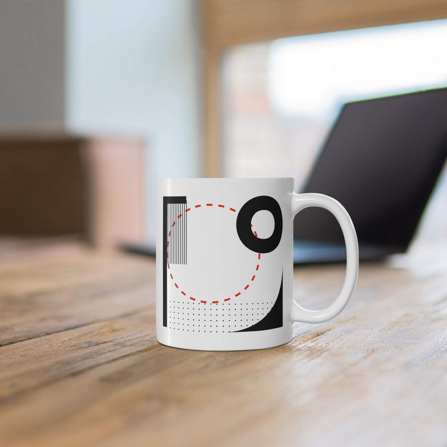 Red Dotted Circle Mug | 11oz Ceramic Coffee Mug | Bold Black & Red Abstract Minimalist Design