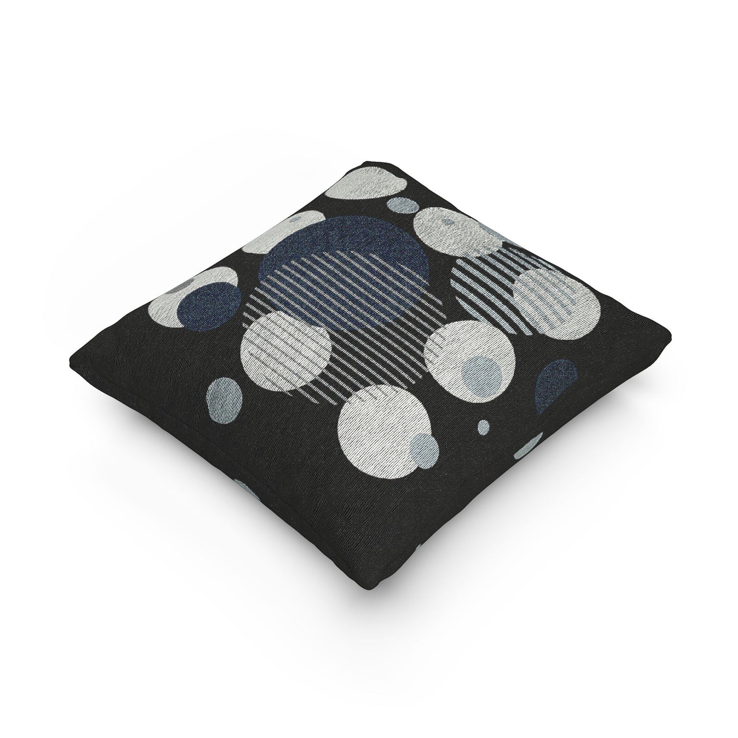 Orbital Layers Throw Pillow – Blue, Gray & White Circles with Striped Accents