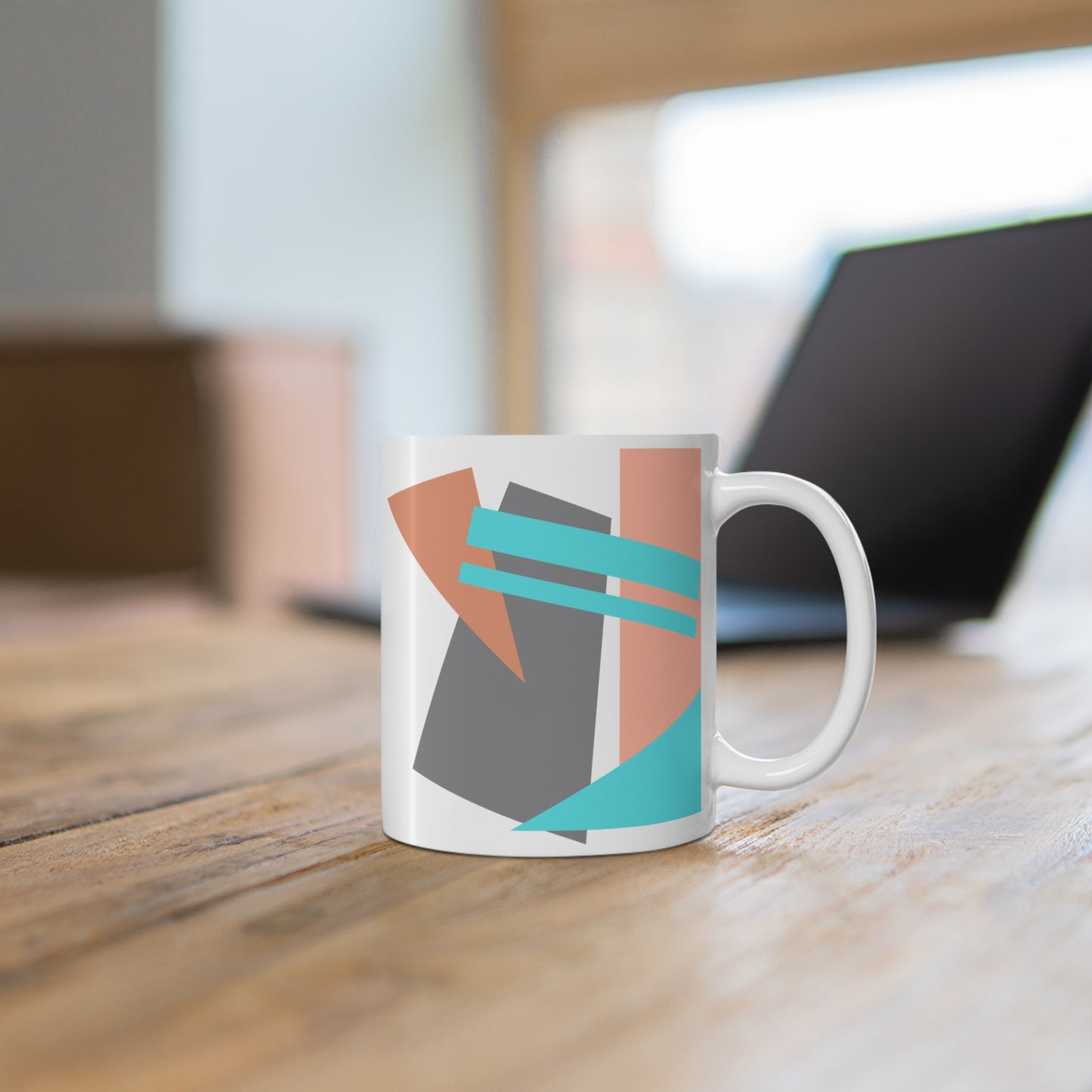 Abstract Geometric Mug – Modern Art in Peach, Gray & Cyan