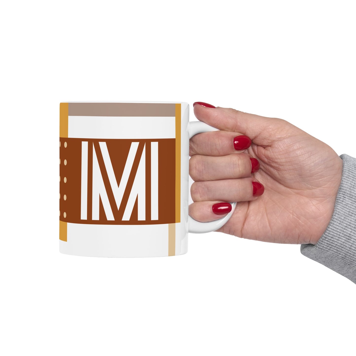 "M" Bauhaus Blueprint – Terracotta & Ochre Geometric Monogram Mug | 11 oz Mug