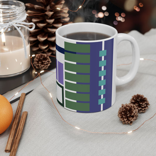 Modernist Geometric Blocks Ceramic Coffee Mug | Abstract Minimalist Art Wrap | Mid-Century Kitchenware | 11 oz Mug