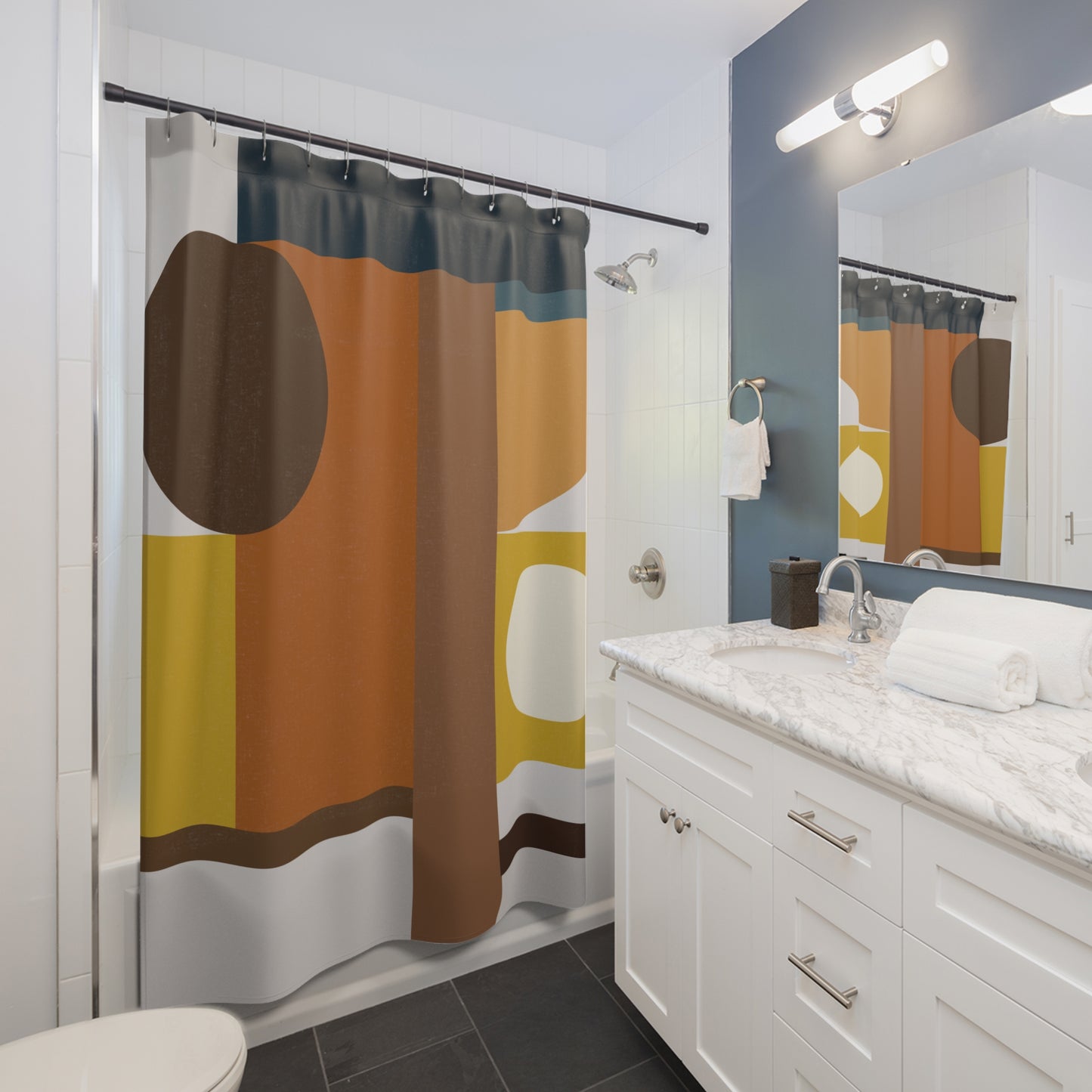 Warm Geometric Block Shower Curtain | Terracotta & Mustard Art Decor | Mid-Century Modern Bathroom