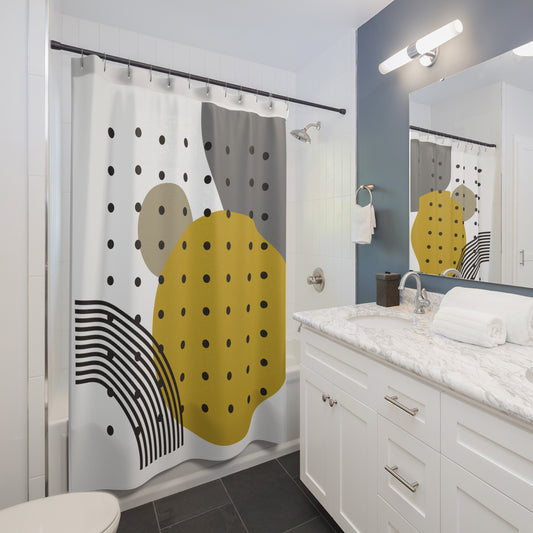 Retro Dotted Circles Shower Curtain – Mustard, Taupe & Charcoal Palette
