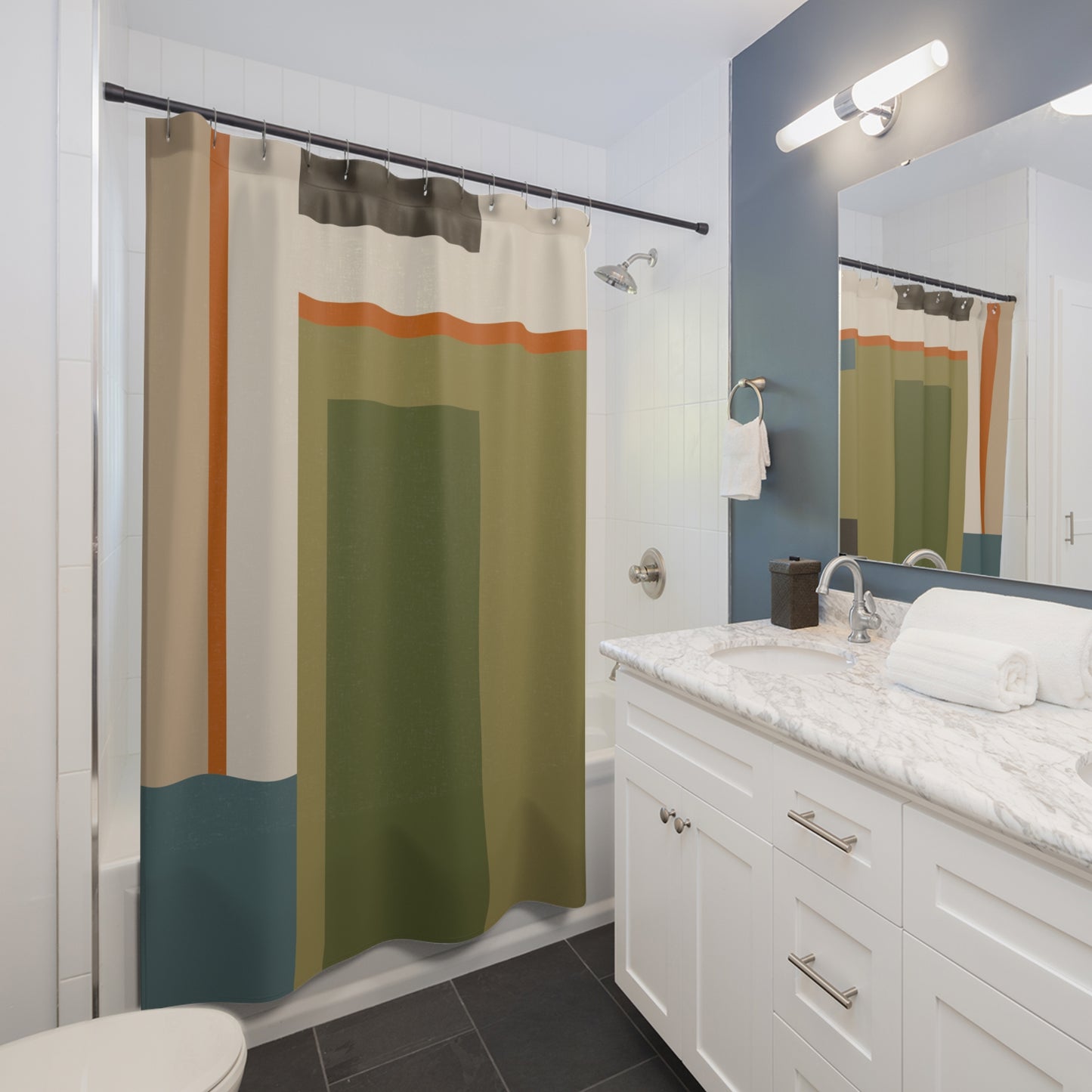 Architectural Geometric Block Shower Curtain | Earth Tones & Forest Green Art Decor