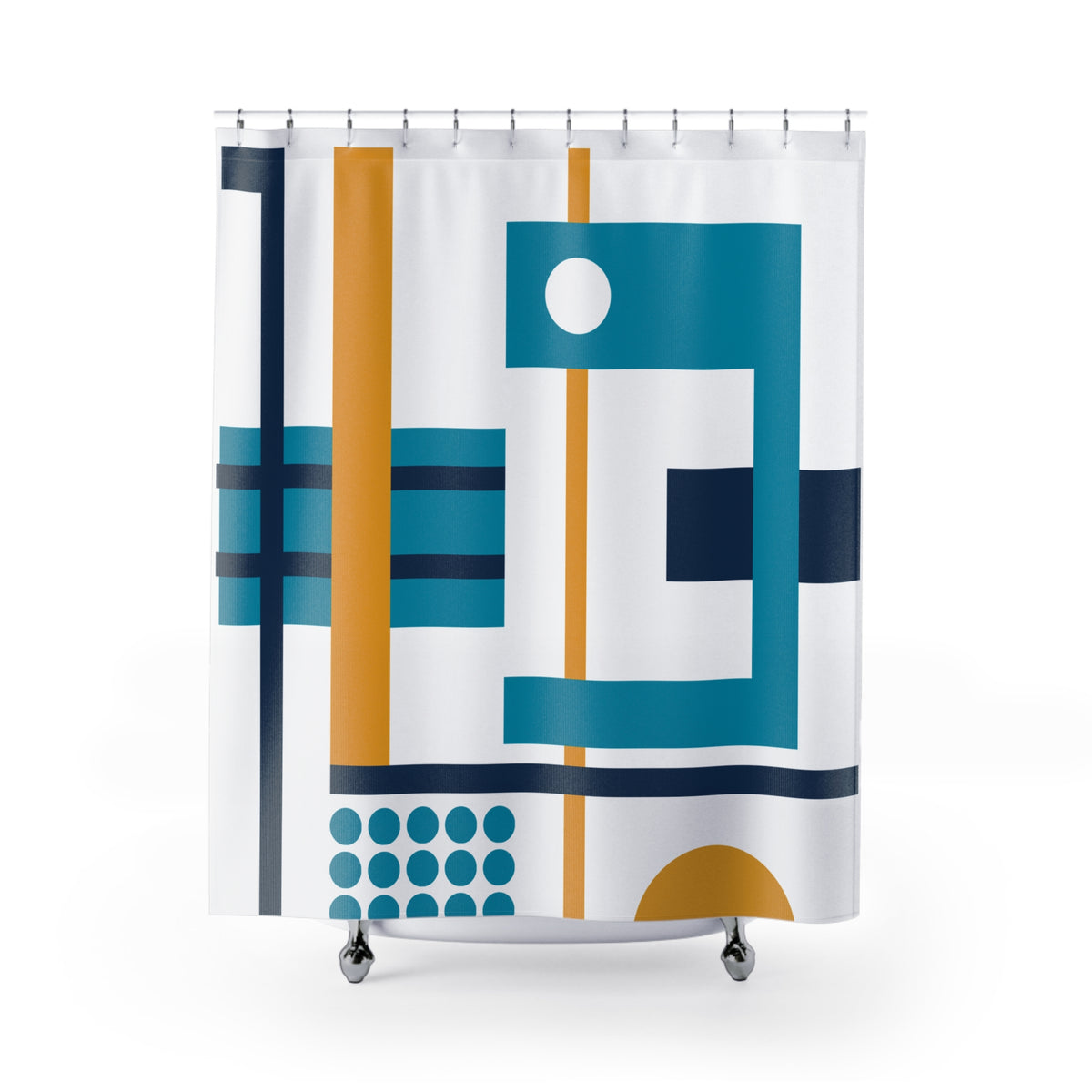 Grid Rhythm Shower Curtain – Teal, Mustard & Navy Geometry