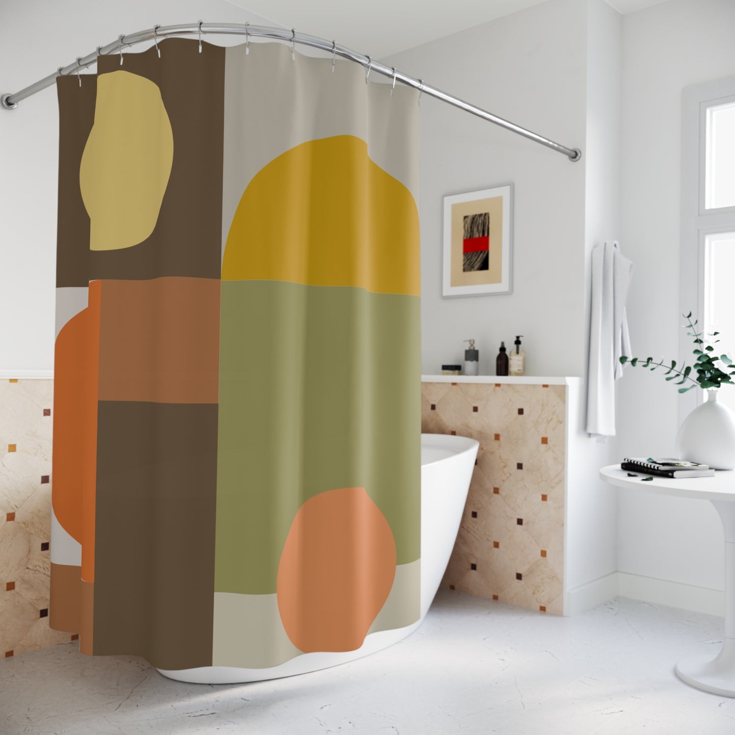 Mid-Century Modern Geometric Shower Curtain | Earth Tones Circles & Squares Art