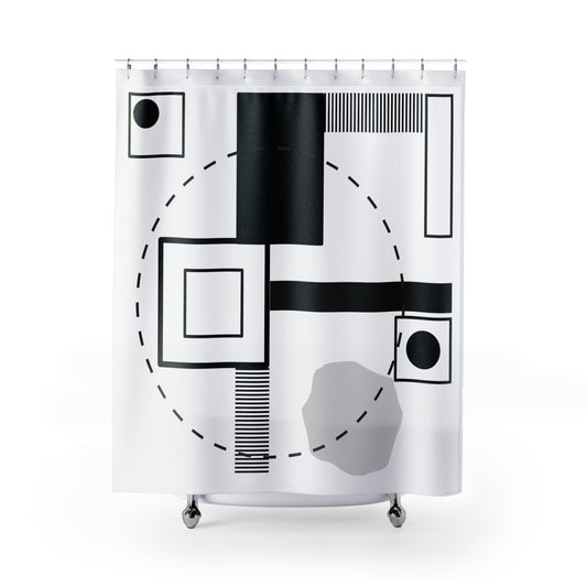 Abstract Orbital Geometry Shower Curtain – Black, Gray & Minimalist Accents