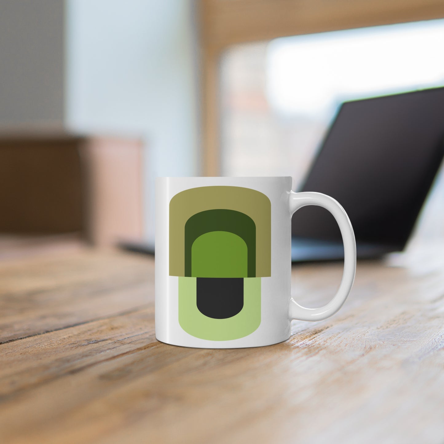 Green Geometric Mug | 11oz Ceramic Coffee Cup | Modern Abstract Minimalist Design