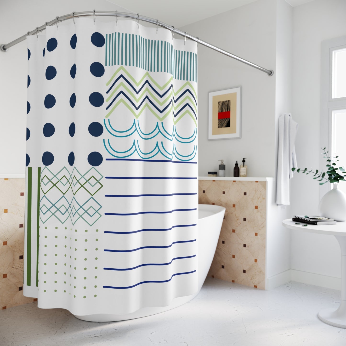 Bold Pattern Block Shower Curtain – Navy, Olive & Teal Abstract Grid