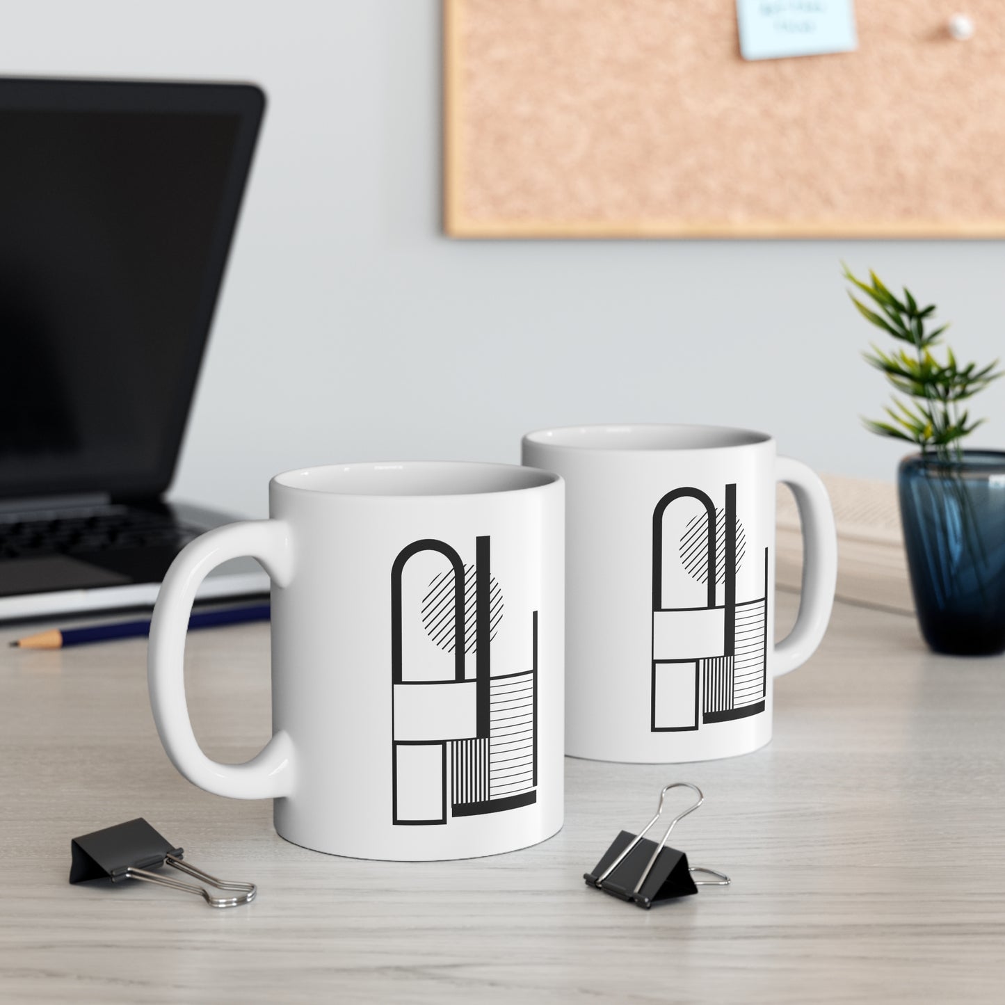 Modern Stripe & Stack Mug | 11oz Ceramic Coffee Mug | Black & White Minimalist Abstract Design