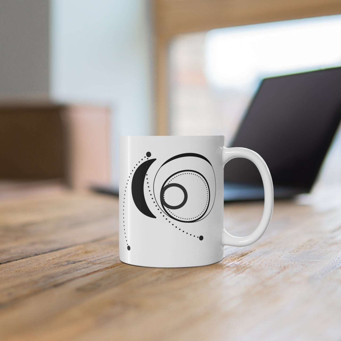 Orbital Path Mug | 11oz Ceramic Coffee Mug | Minimalist Black Abstract Design with Dotted Arcs