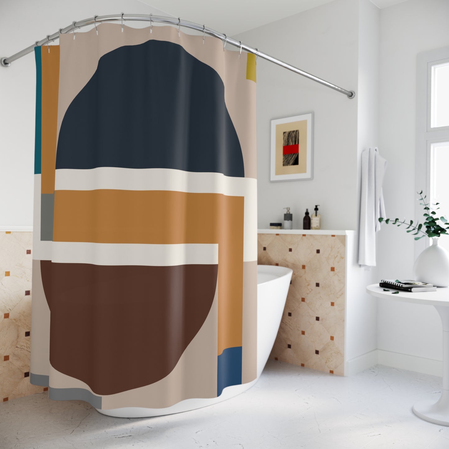 Modern Geometric Circle Abstract Shower Curtain | Navy, Terracotta & Teal Art Decor