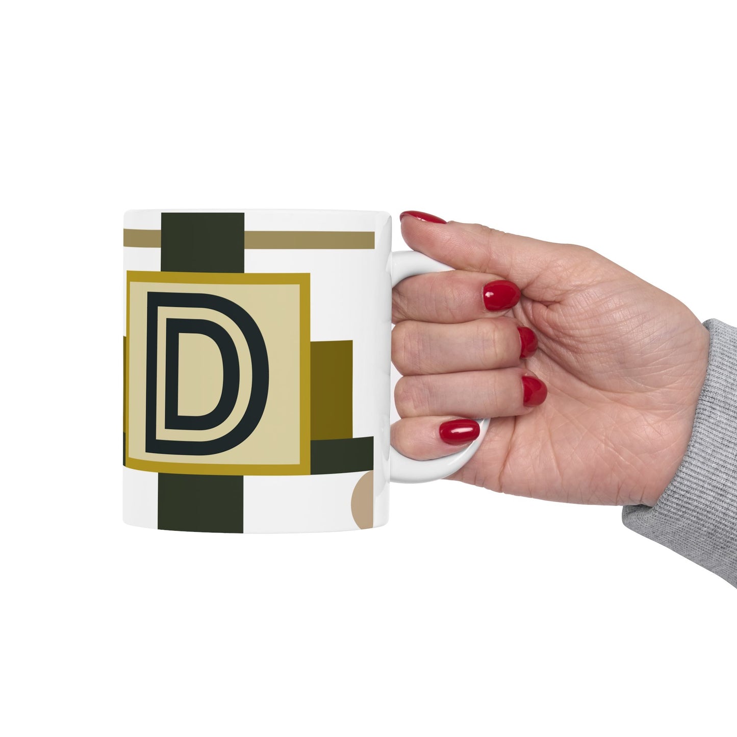 "D" Bauhaus Blueprint – Olive & Gold Geometric Monogram Mug | 11 oz Mug