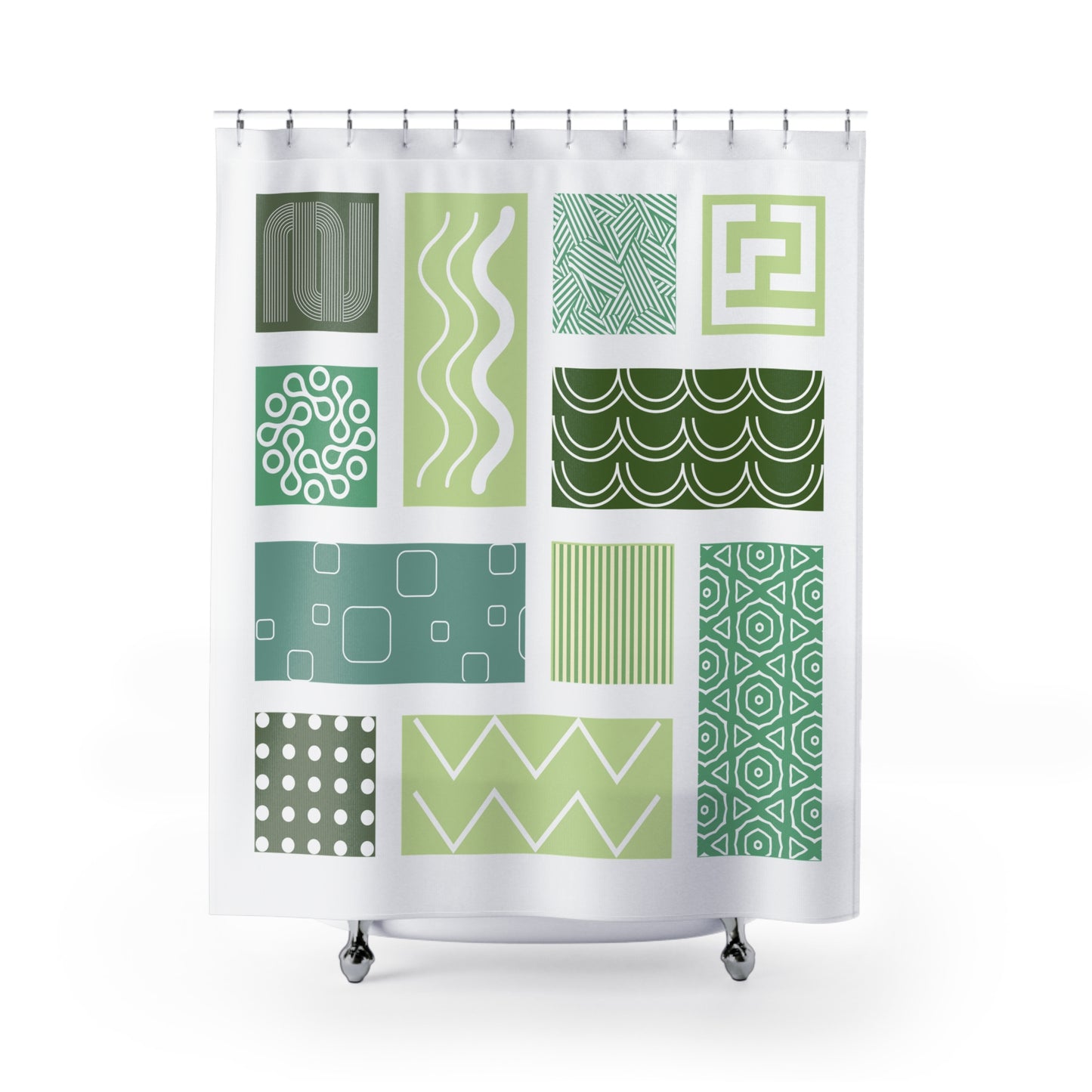 Mint & Olive Green Patchwork Shower Curtain – Modern Botanical Geometrics