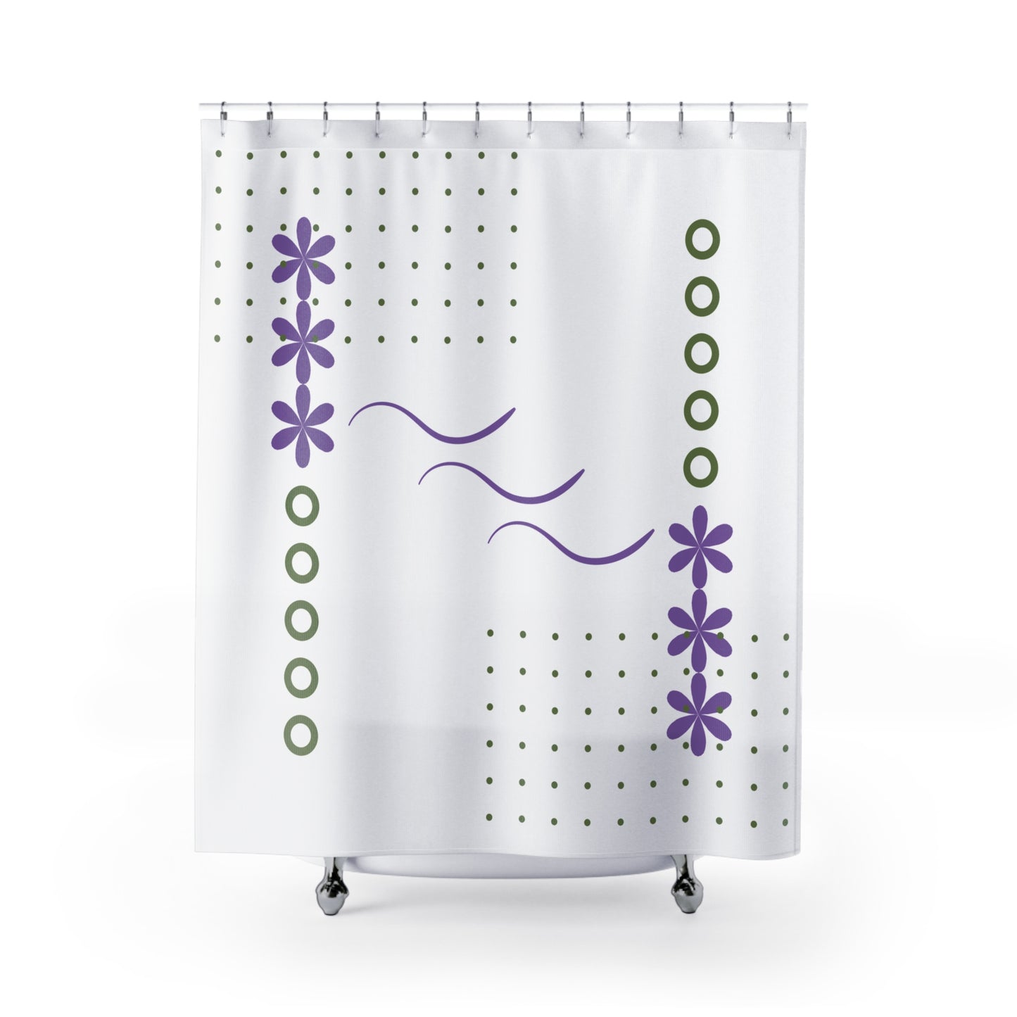 Whimsical Floral Wave Shower Curtain – Lavender & Olive on Black