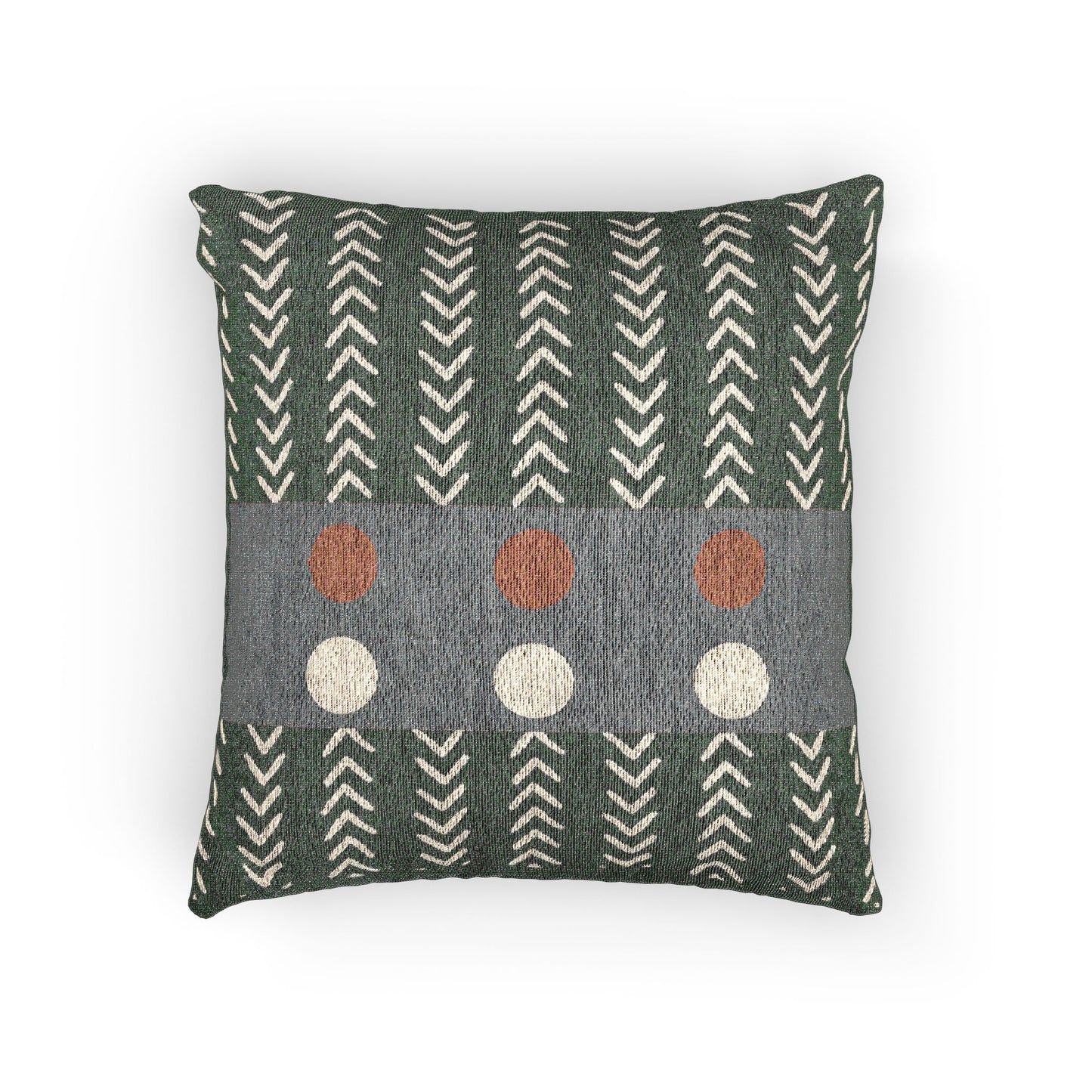 Chevron Orbit Throw Pillow – Orange & White Circles on Graphic Gray Band