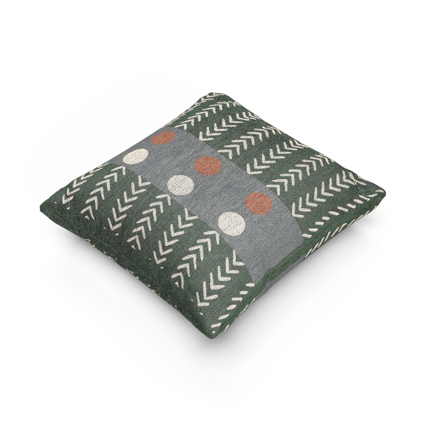 Chevron Orbit Throw Pillow – Orange & White Circles on Graphic Gray Band