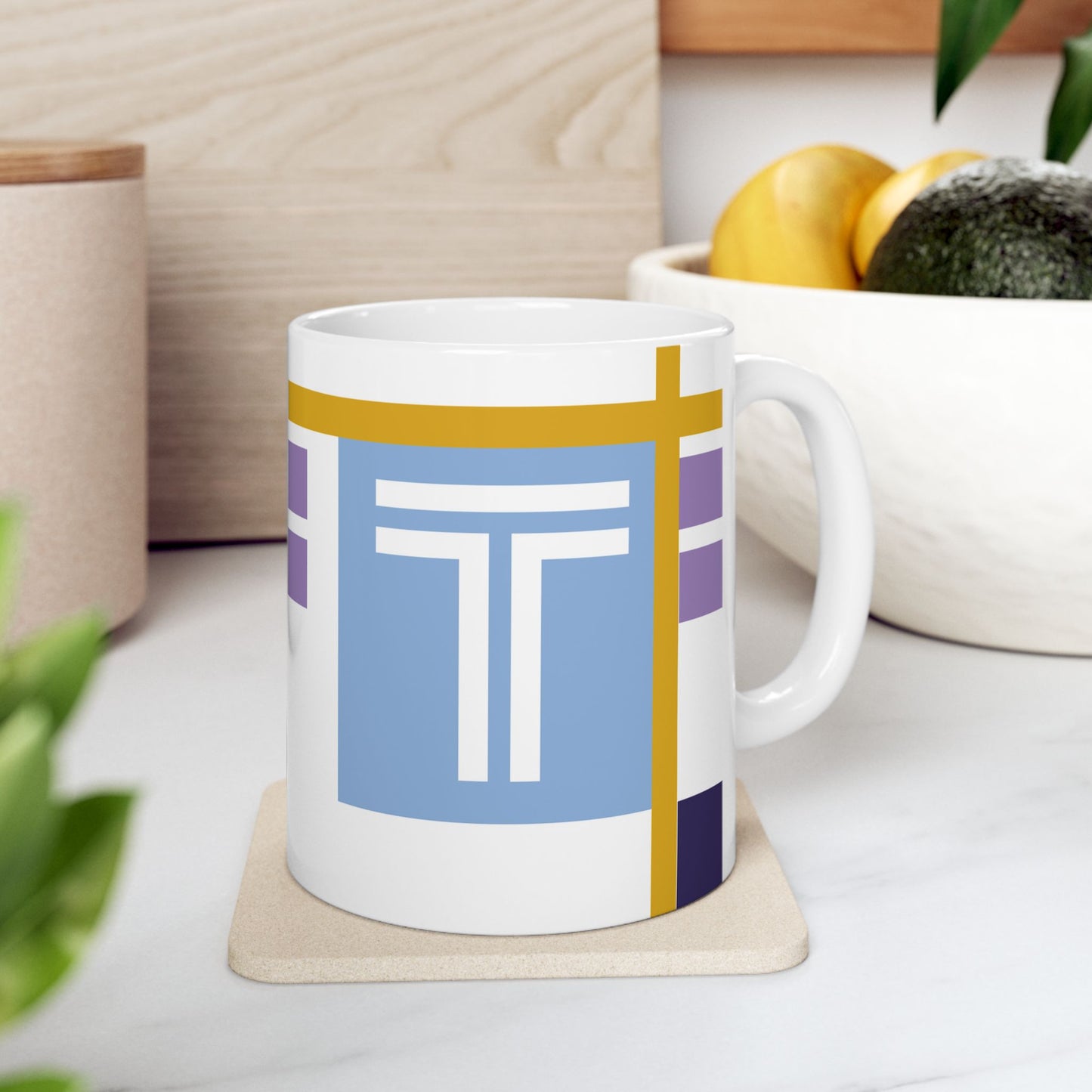 "T" Spatial Composition – De Stijl Inspired Monogram Mug | 11 oz Mug