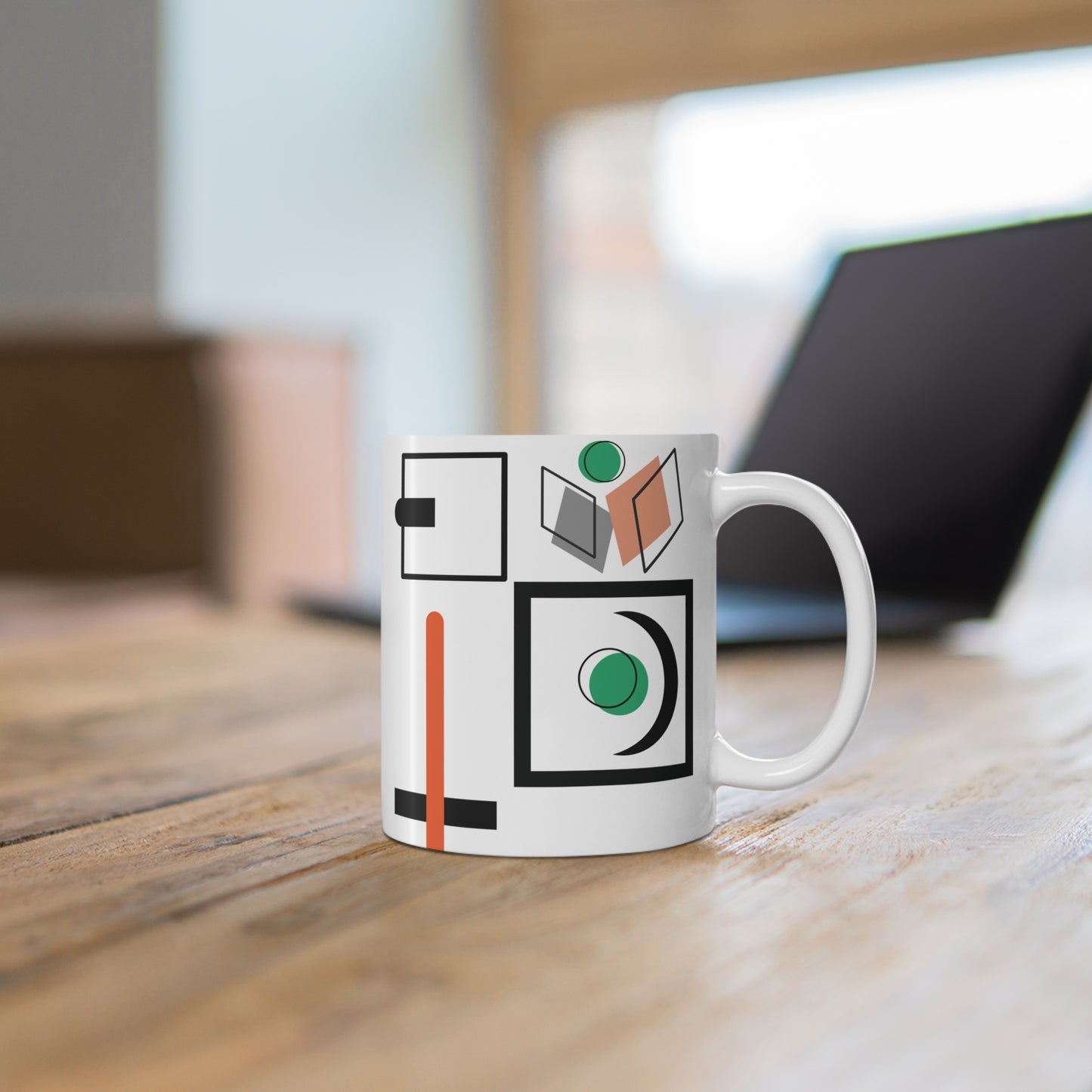 Abstract Form & Color Mug – Green, Orange & Gray Geometric Composition