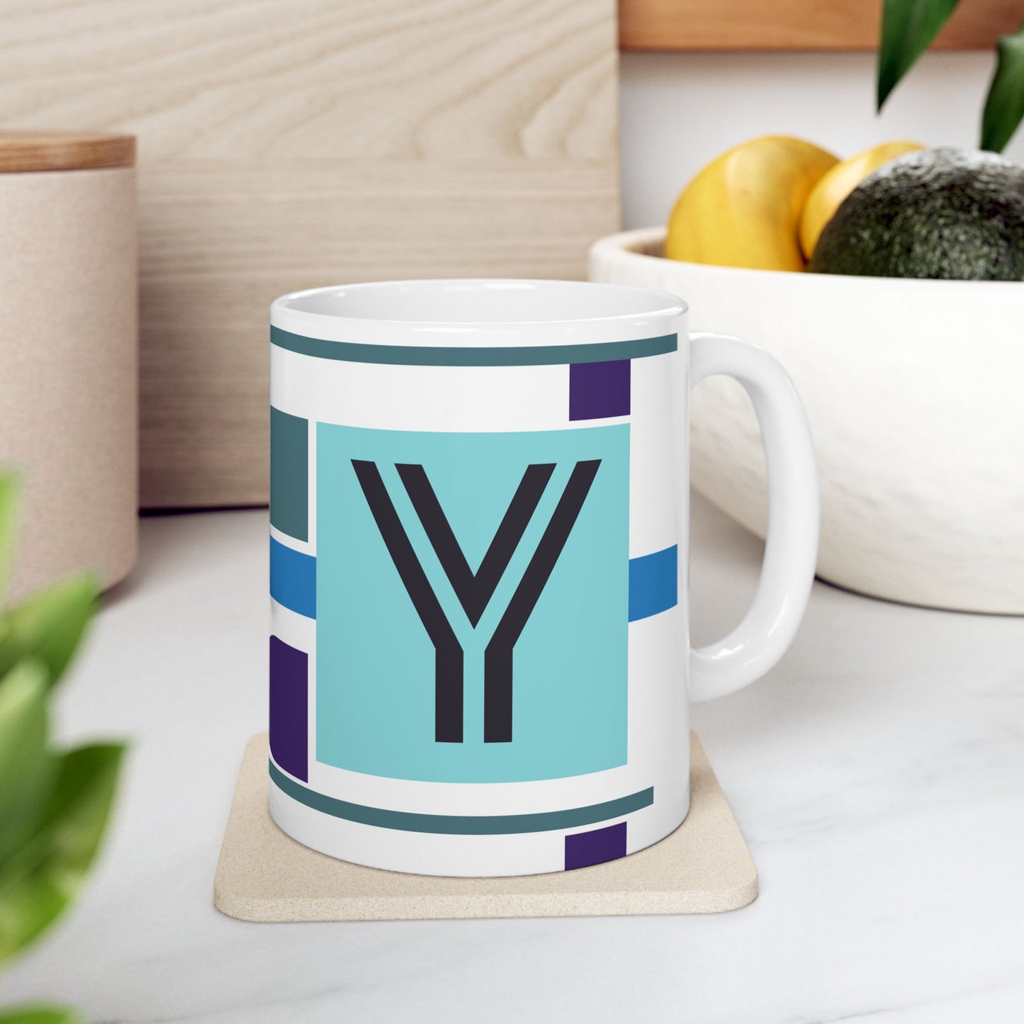 "Y" Abstract Bauhaus Art, Mid-Century Teal & Navy Ceramic Coffee Cup | Modern Geometric Monogram Mug | 11 oz Mug