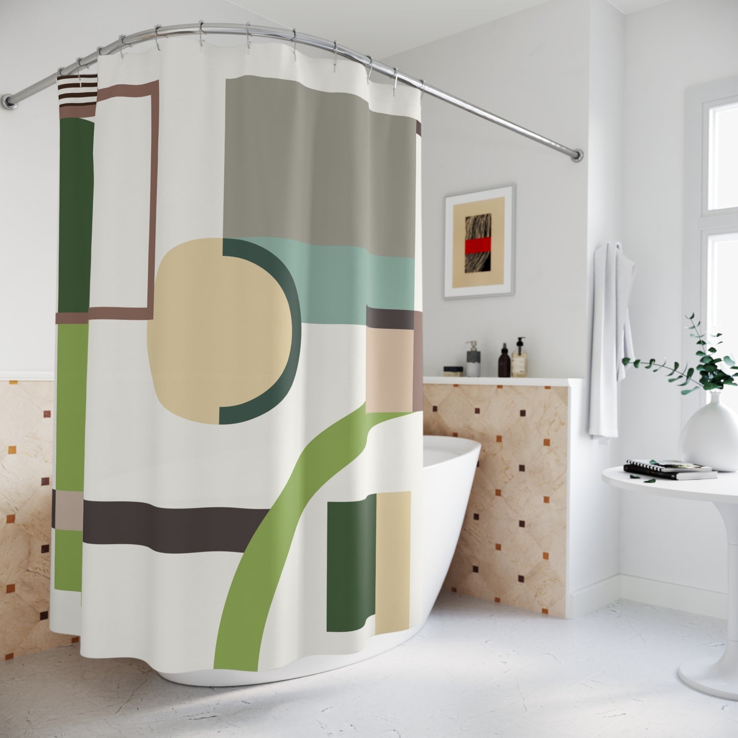 Modern Abstract Geometric Shower Curtain | Earthy Green & Taupe Art Decor | Bauhaus Style Bathroom | Aesthetic Bathroom Decor