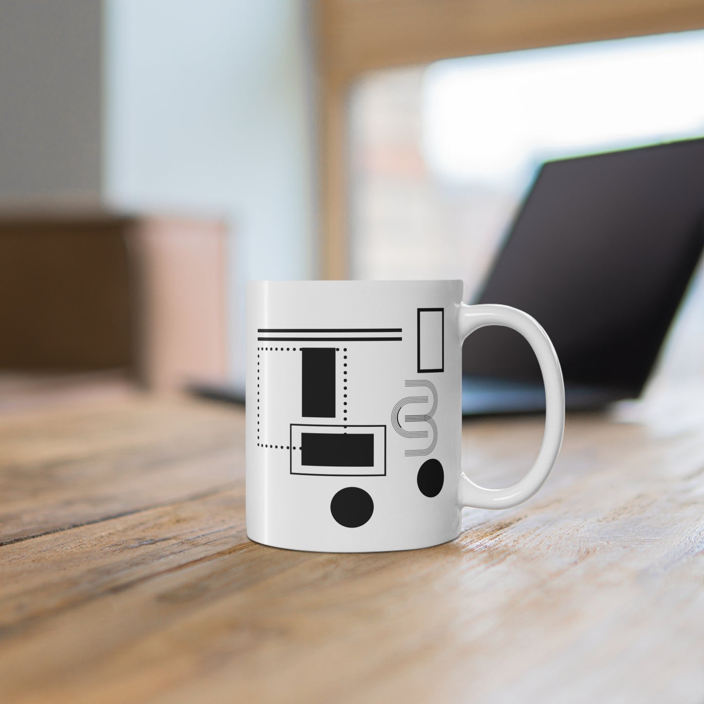 Modern Rectangle & Curve Mug | 11oz Ceramic Coffee Mug | Black & White Abstract Minimalist Design