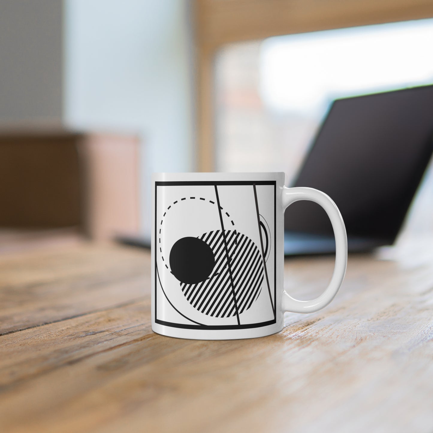 Abstract Line Art Mug | 11oz Ceramic Coffee Mug | Black & White Modern Geometric Design