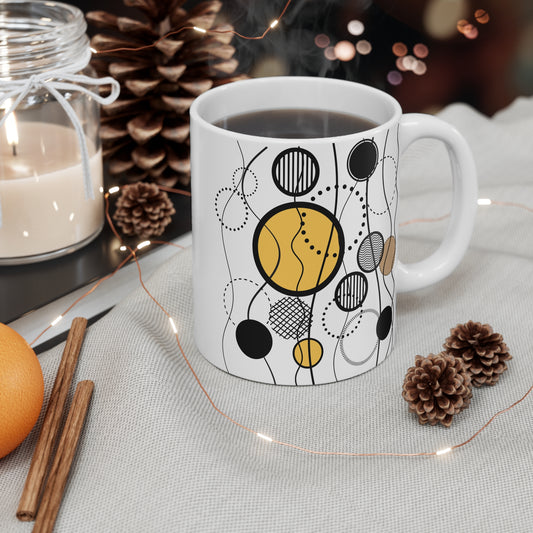 Orbit & Flow Mug | 11oz Ceramic Coffee Mug | Colorful Abstract Circles & Line Art Design