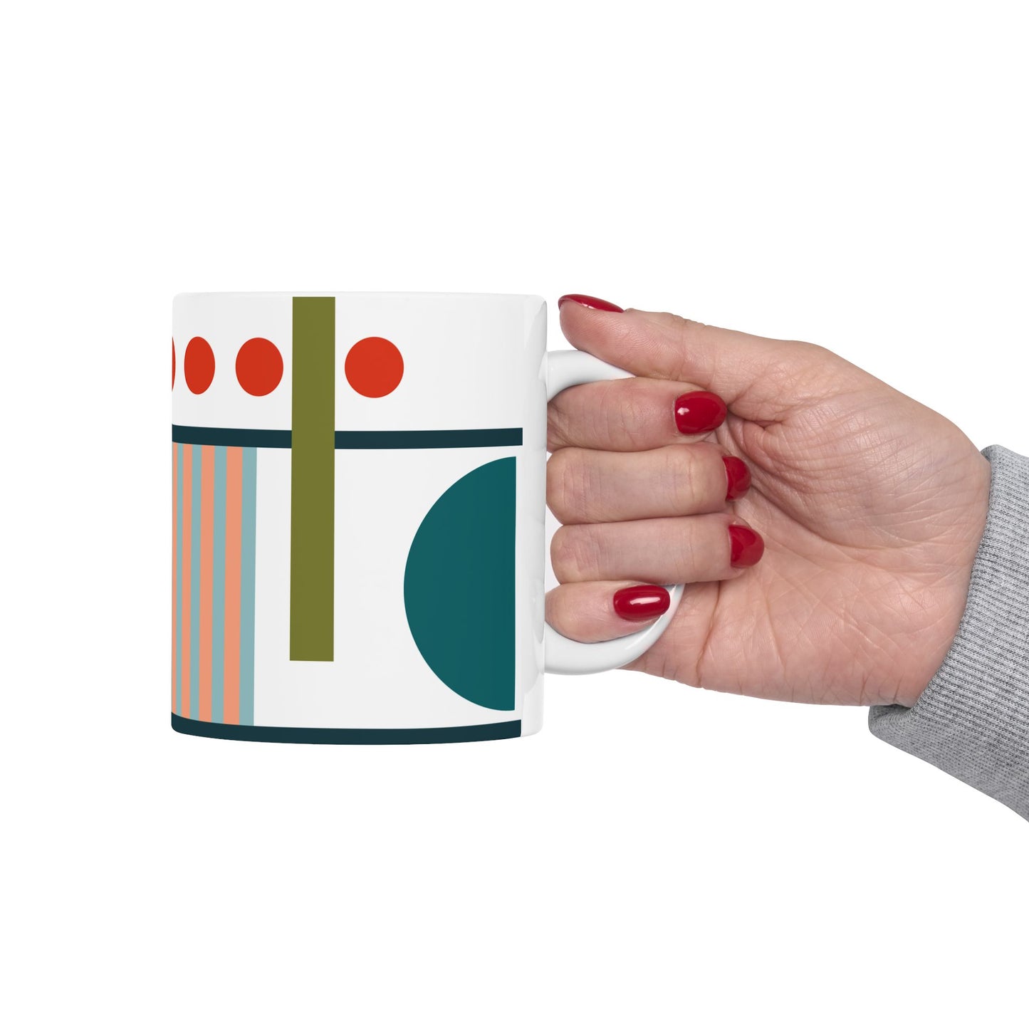 Bold Geometry Mug – Circles & Stripes in Mustard & Teal | 11 oz Mug