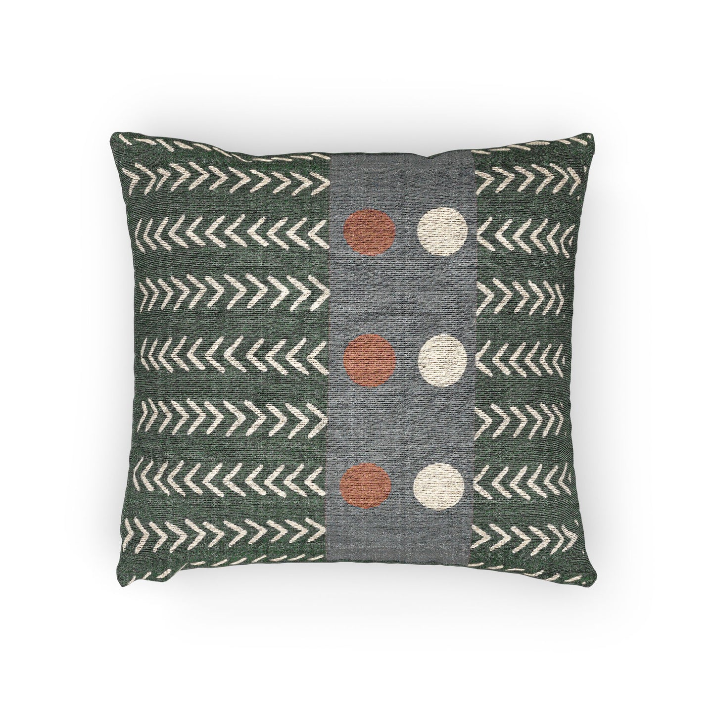 Chevron Orbit Throw Pillow – Orange & White Circles on Graphic Gray Band
