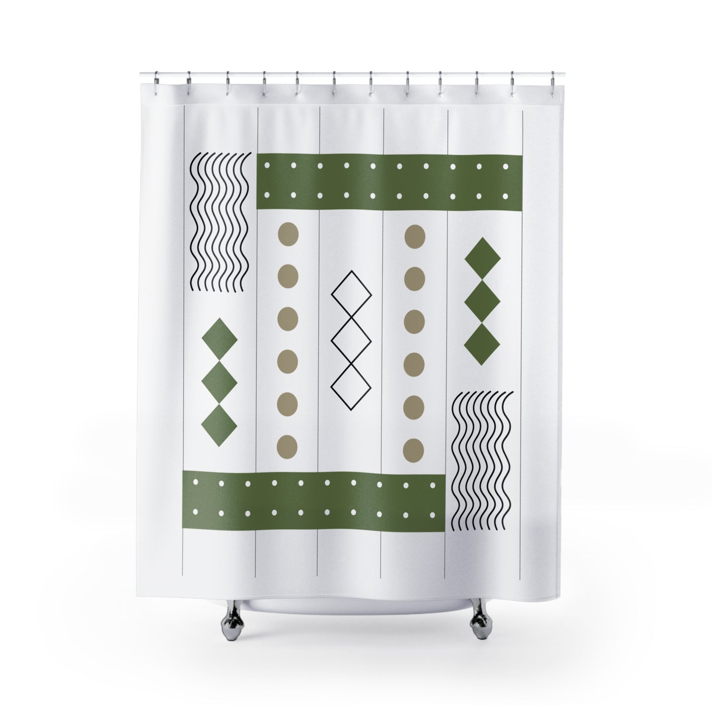 Earthy Modern Grid Shower Curtain – Olive, Taupe & Black Geometric Pattern