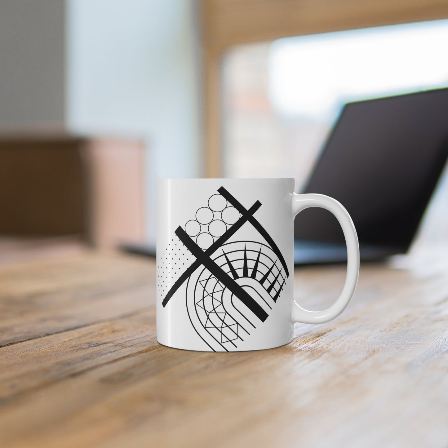 Orbit Lines Mug | 11oz Ceramic Coffee Mug | Modern Black & White Minimalist Circle Design