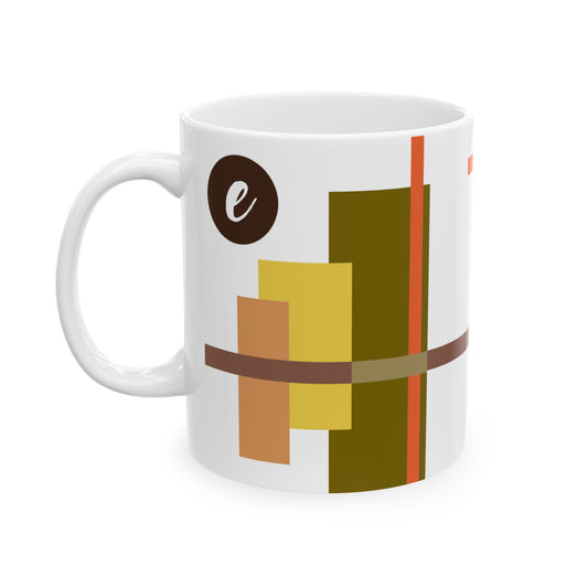 "E" Bauhaus Blueprint – Ochre & Earth Geometric Monogram Mug | 11 oz Mug