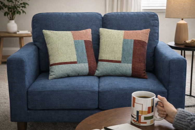 Modern Patch Harmony Cushion – Blue, Peach & Maroon Accent Pillow