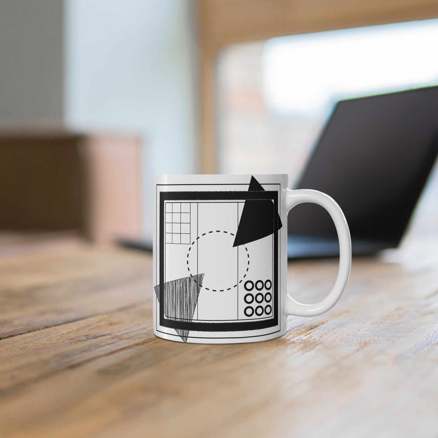 Architect’s Blueprint Mug | 11oz Ceramic Coffee Mug | Black & White Geometric Grid & Shape Design