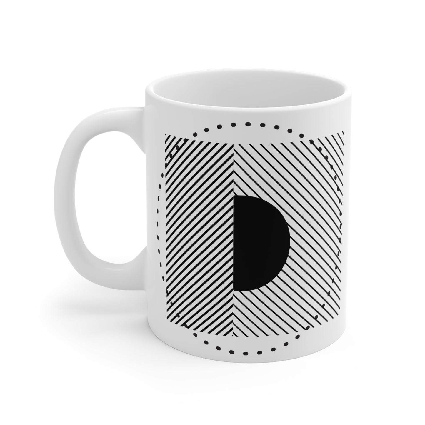 Monochrome Stripe & Dot Mug | 11oz Ceramic Coffee Mug | Bold Black & White Geometric Design