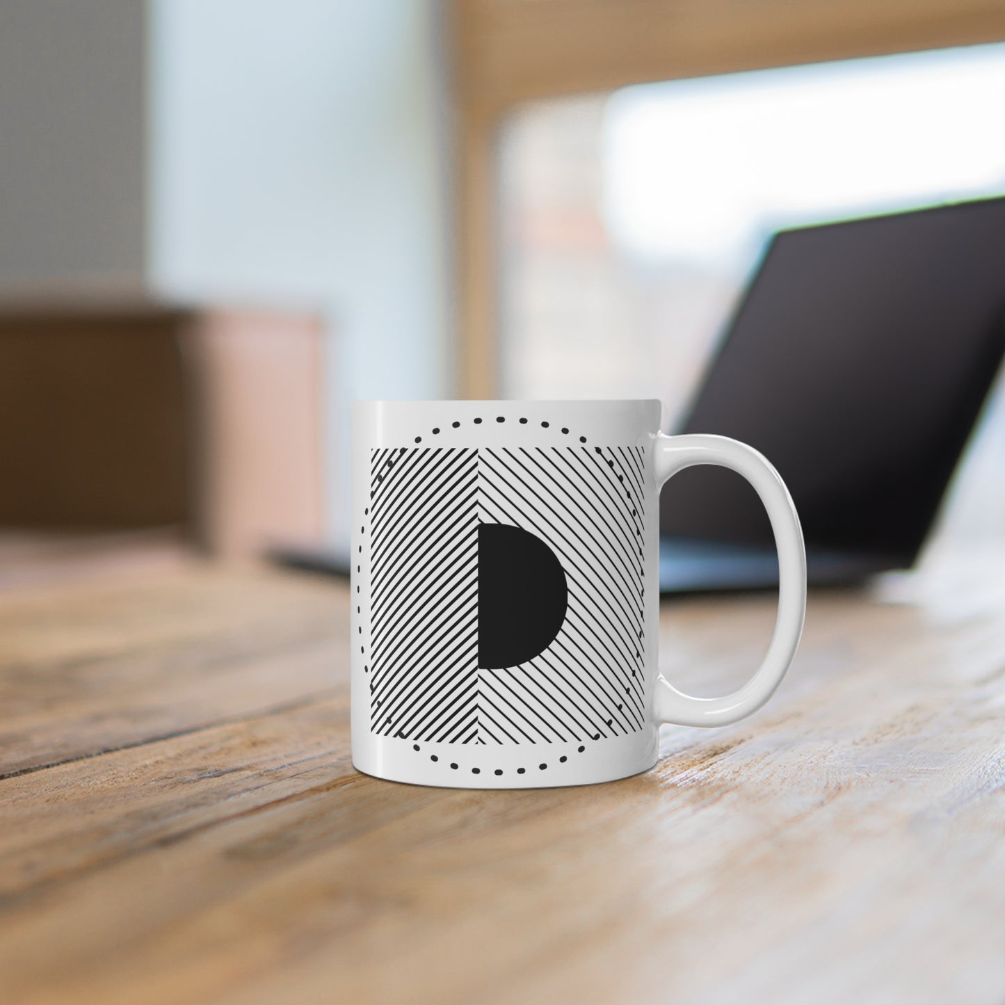 Monochrome Stripe & Dot Mug | 11oz Ceramic Coffee Mug | Bold Black & White Geometric Design