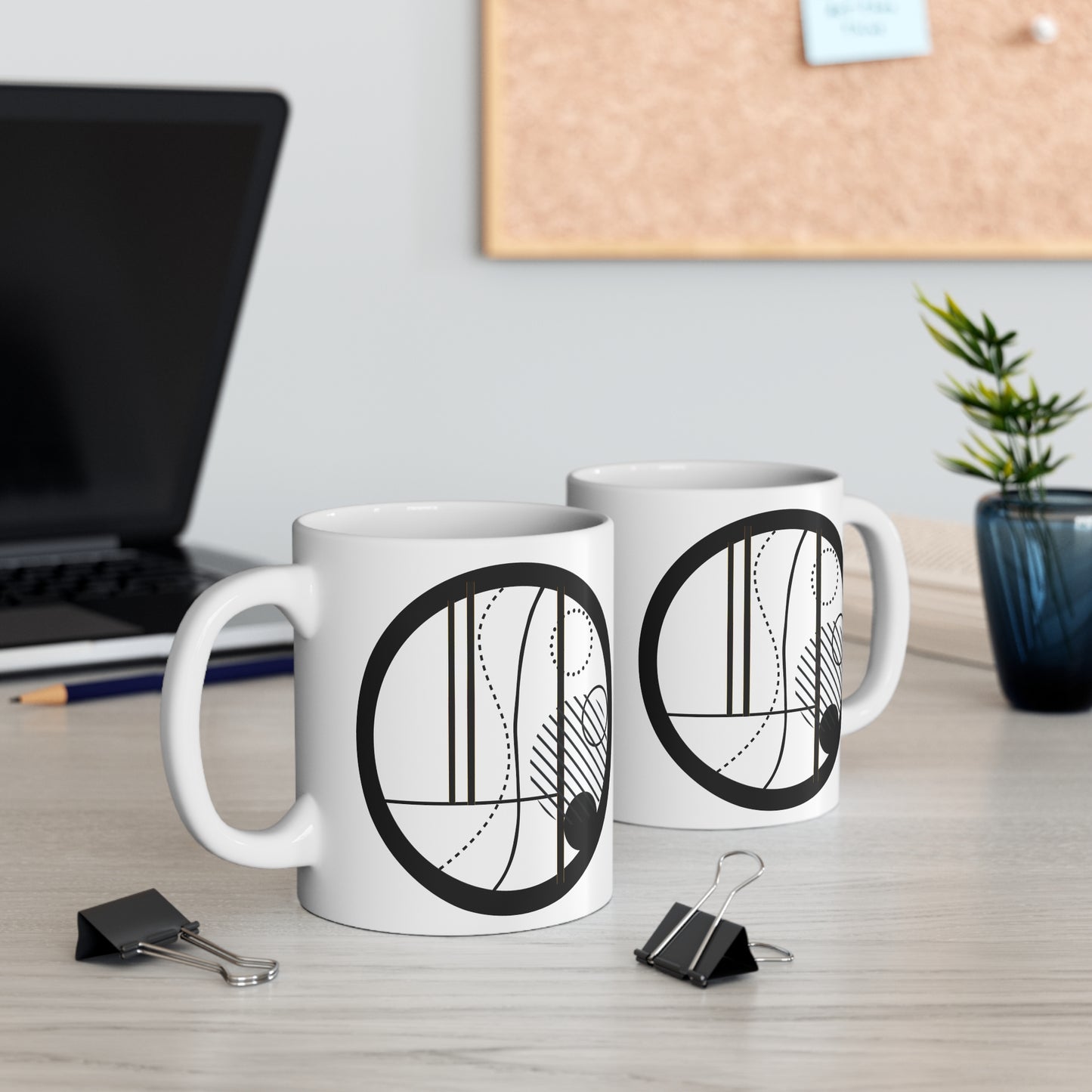 Abstract Oval Mug | 11oz Ceramic Coffee Mug | Black & White Line Art with Architectural Flair