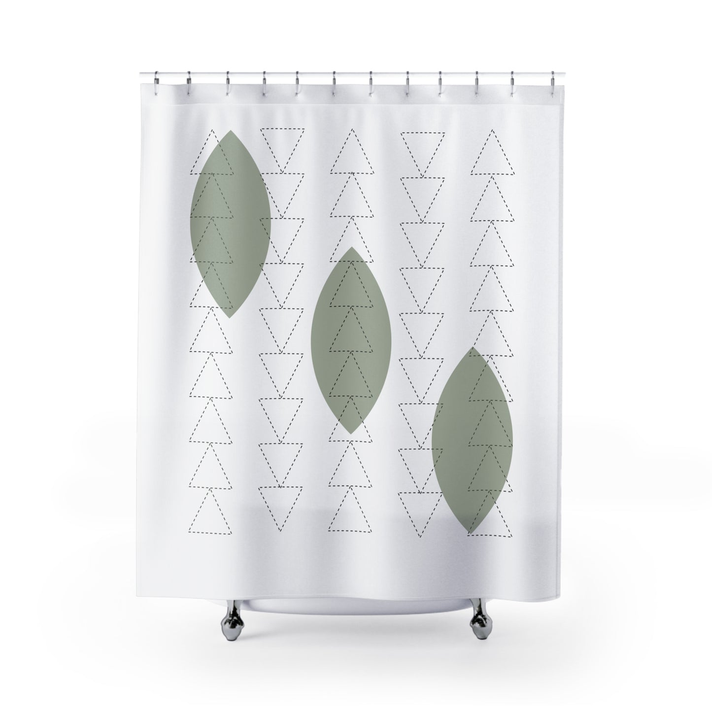 Minimalist Botanical Shower Curtain – Olive Green Leaves & Triangle Texture