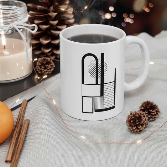 Modern Stripe & Stack Mug | 11oz Ceramic Coffee Mug | Black & White Minimalist Abstract Design
