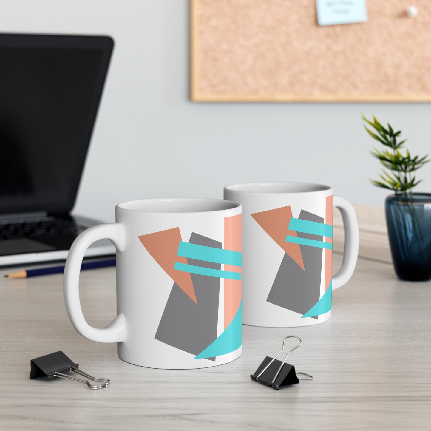 Abstract Geometric Mug – Modern Art in Peach, Gray & Cyan