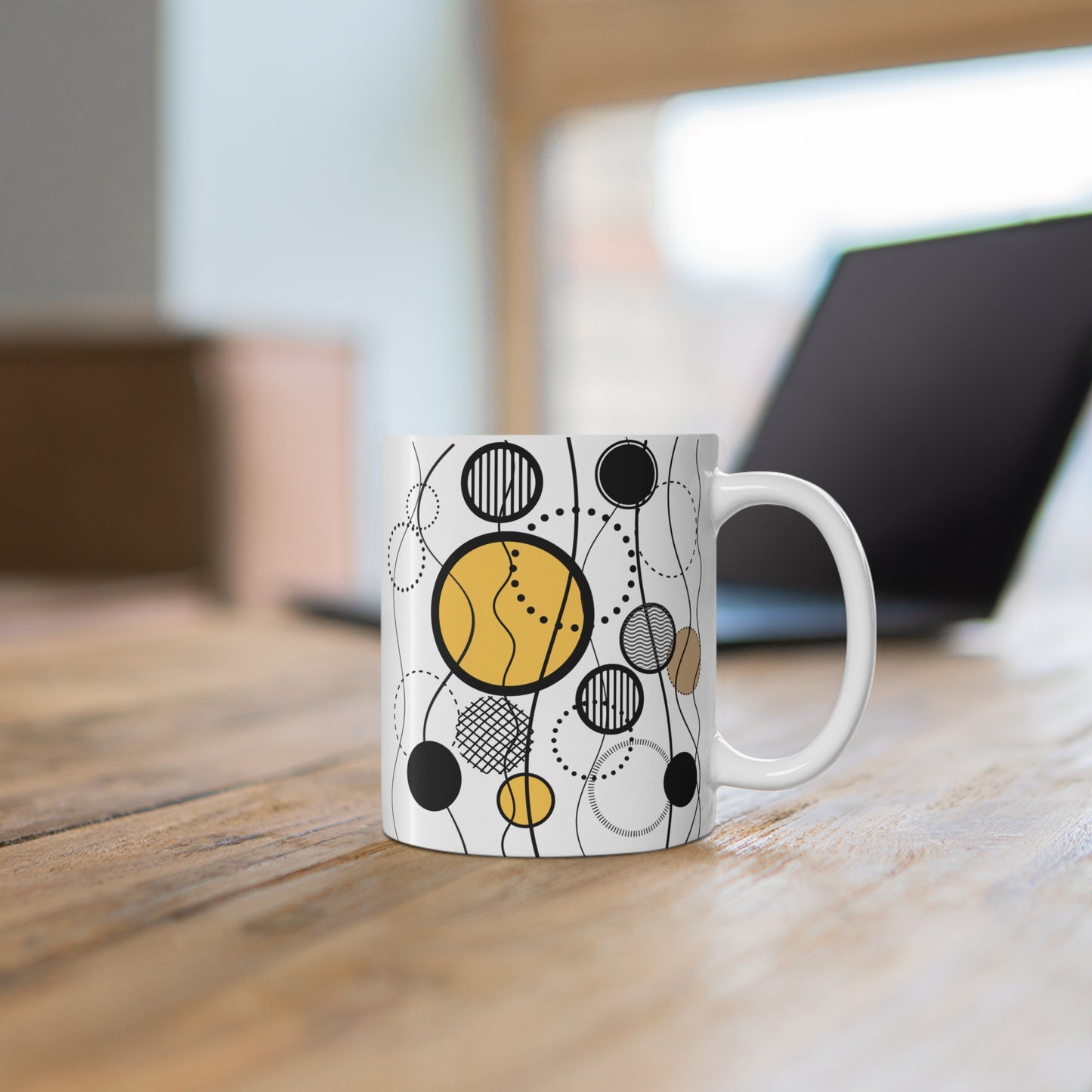 Orbit & Flow Mug | 11oz Ceramic Coffee Mug | Colorful Abstract Circles & Line Art Design